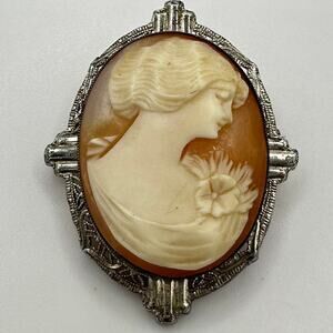 ESEMCO antique Art Deco genuine carved shell cameo rhodium filigree brooch
